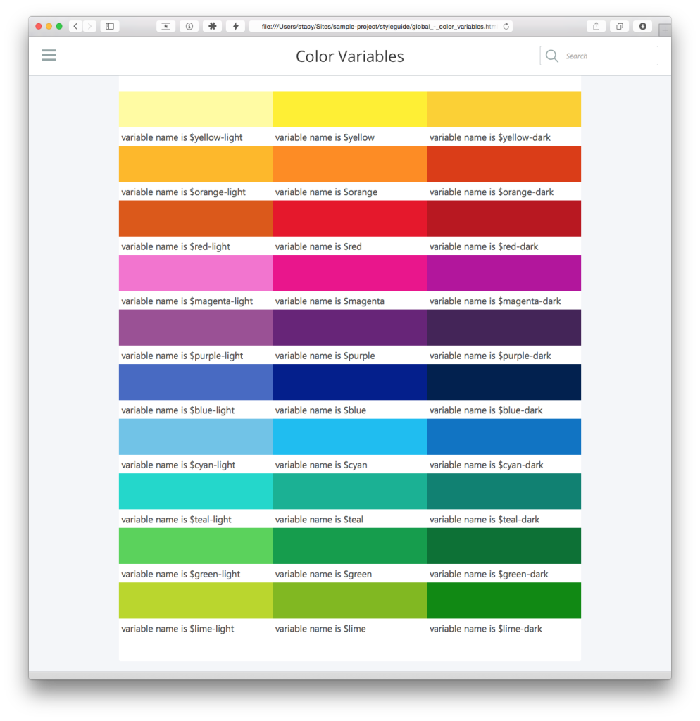 Sample style guide Page showing a project's color variables
