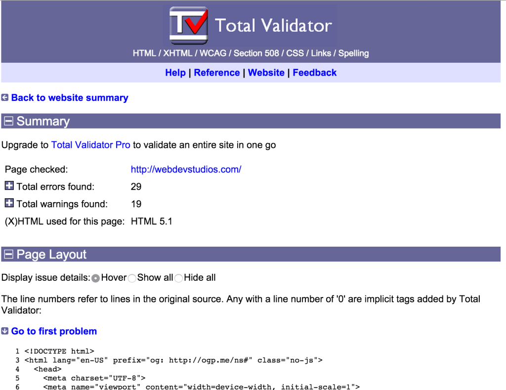 Screenshot of Total Validator test results