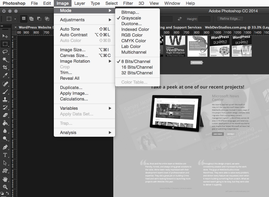 A screenshot of a using Photoshop to view web page in grayscale