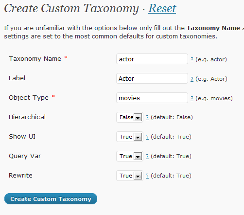 Custom Taxonomy Settings in CPTUI 0.2.0
