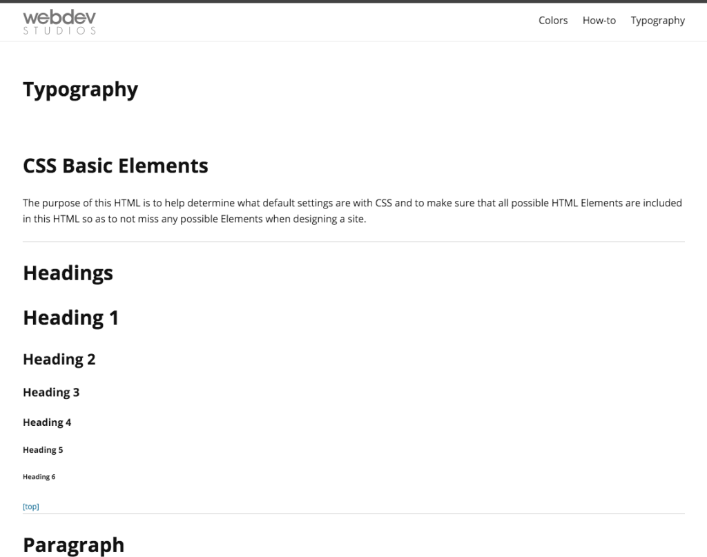 wd_s Pattern Library Typography page screenshot