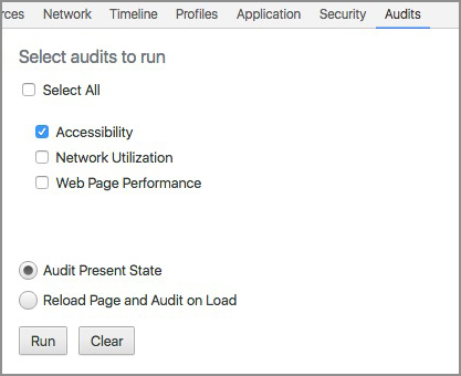 Screenshop of Chrome Dev Tools 'Audit' tab with accessibility audit option available