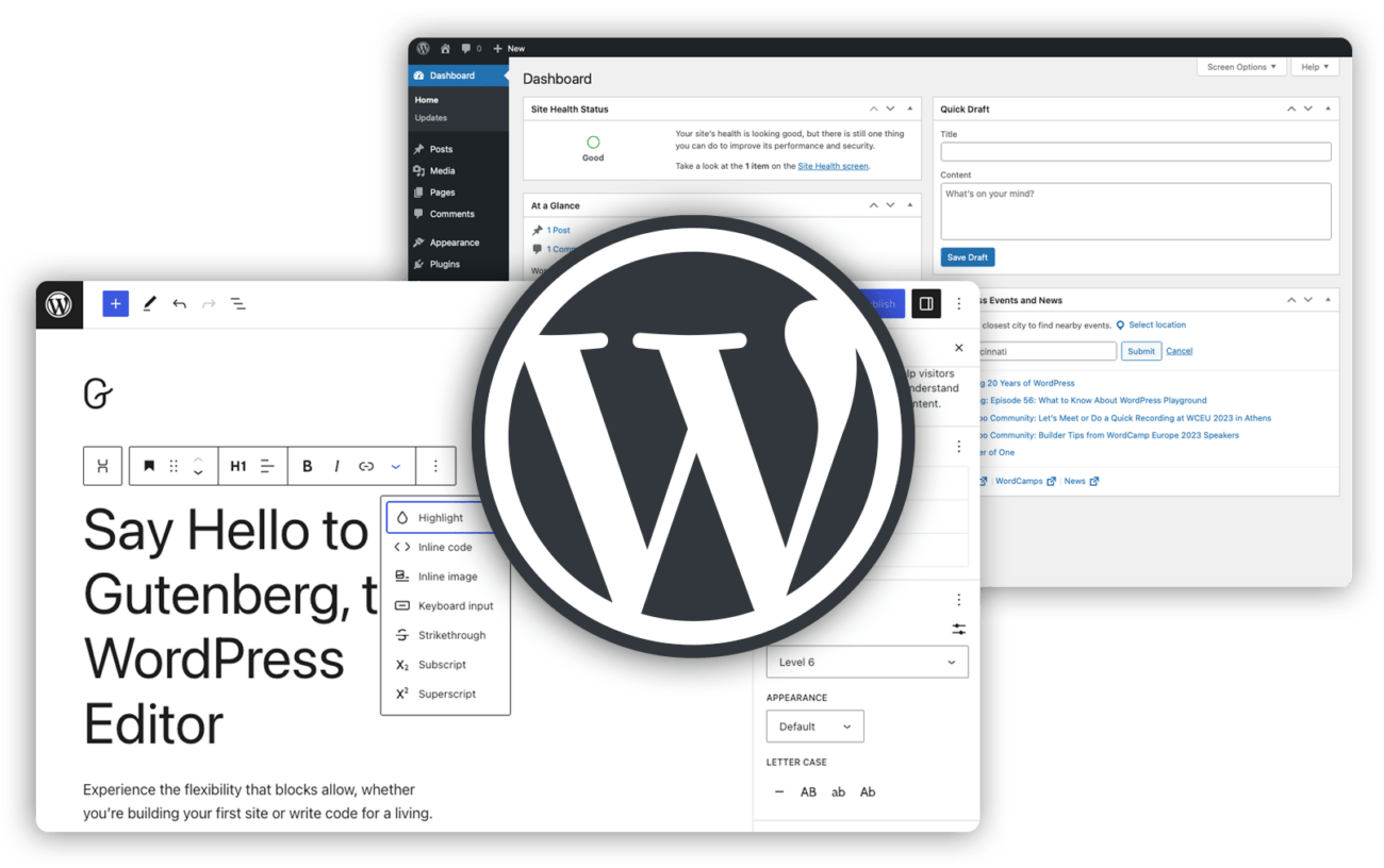 This is a graphic image of the WordPress logo, a screen shot of the WordPress dashboard, and a screenshot of the WordPress Gutenberg Editor.