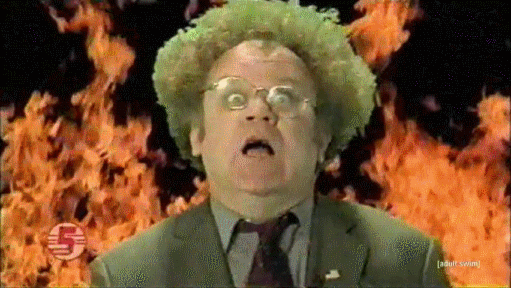 GIF animation of a panicked man in front of a blazing fire.