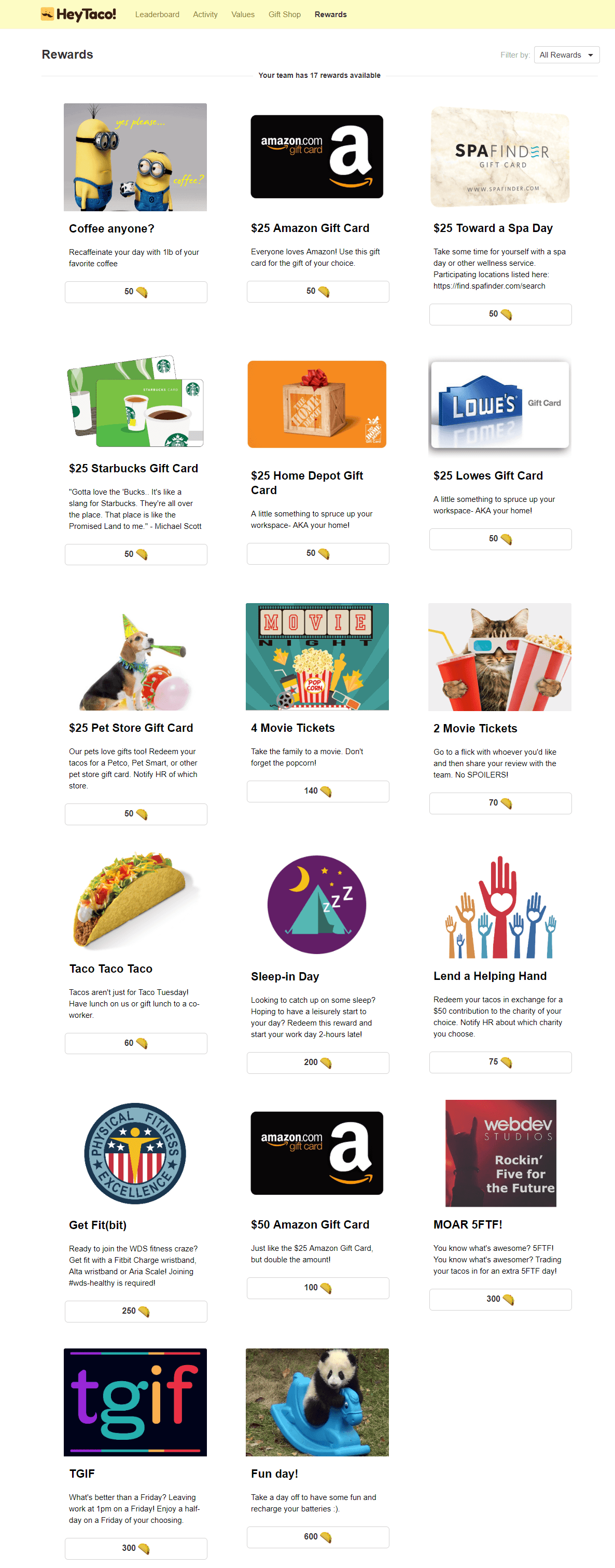 A screen grab of the WebDevStudios HeyTaco! Rewards available to employees, which includes gift cards, movie tickets, coffee, taco lunch, a day off from work, and more.