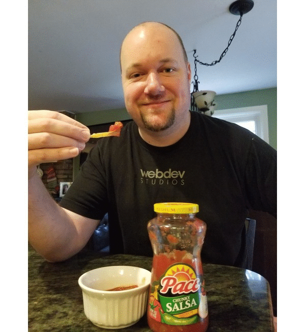 This is a GIF animation of eight different selfie pictures showing team members from WebDevStudios eating chips and Pace Foods salsa, including Lauren Drew, the author of the blog post titled "Pace Foods Plus Beaver Builder Equals One Hot Website."