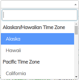 A screen grab image of a searchable time zone dropdown menu.