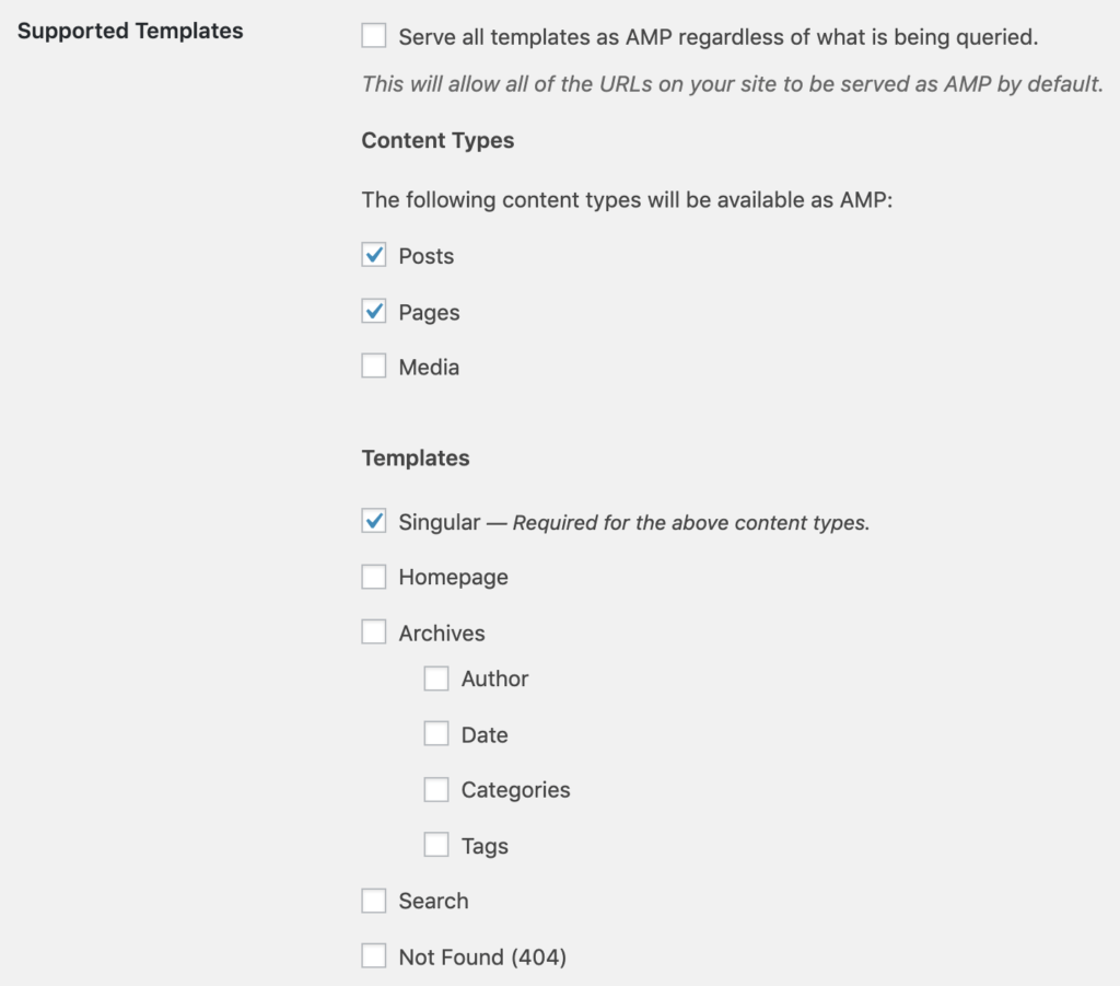 Screenshot of the different supported template types in AMP