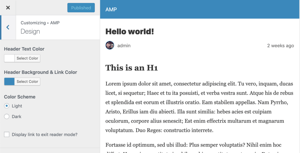 Tweaking AMP template in the Theme Customizer for Reader Mode