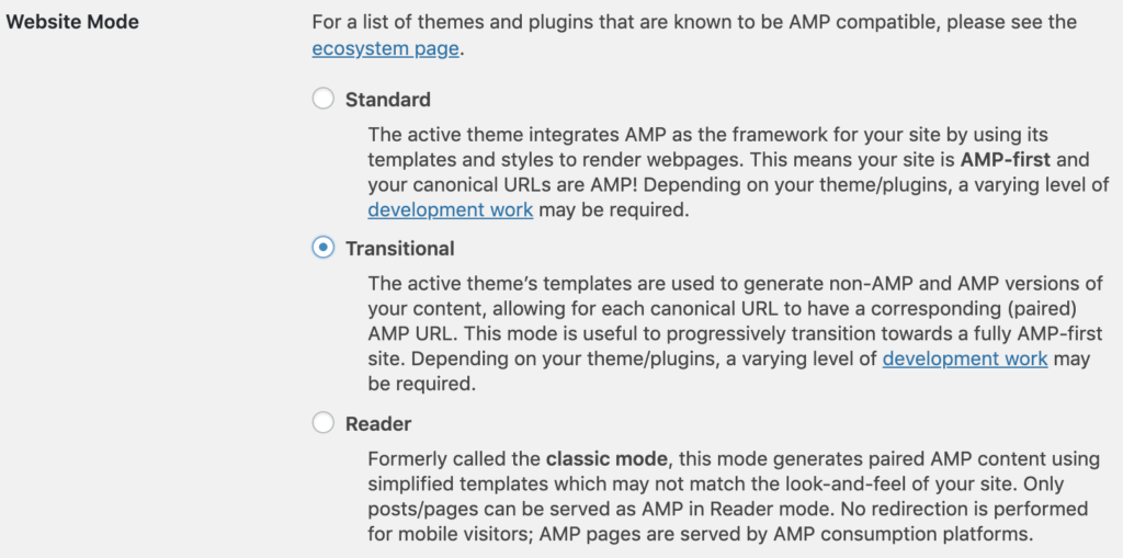 Screenshot displaying the three different website modes