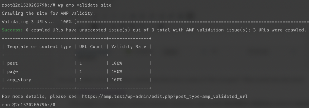 Screenshot displaying the results of a WP-CLI validation scan