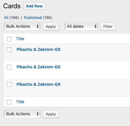 Screenshot of WP backend showing three Cards named Pikachu & Zekrom-GX