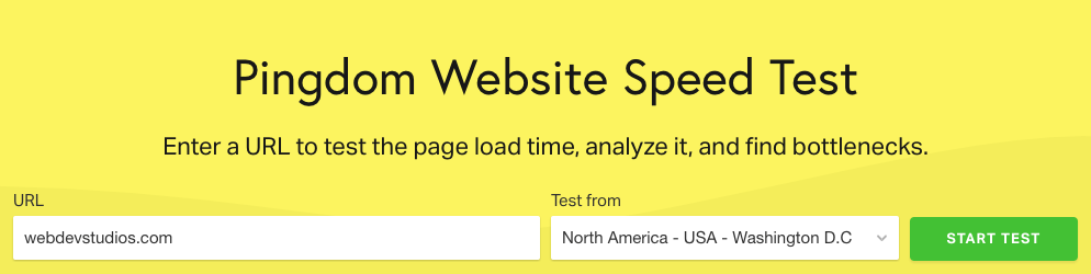 A screenshot from Pingdom that shows the header, "Pingdom Website Speed Test" and the instructions, "Enter a URL to test the page load time, analyze it, and find bottlenecks." Beneath the instructions, there is a white URL field and another white field to enter what geographical area the user would like to test from. The field is defaulted to North America, USA, Washington DC. Next to that is a green button that says, "Start test."