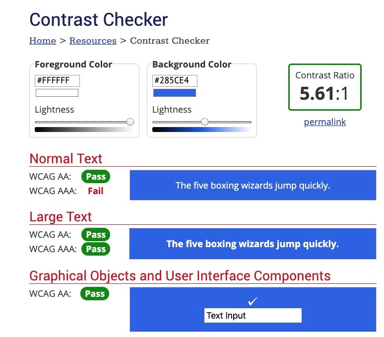 This is an image example of a screenshot from Contrast Checker that shows the contrast ratio is 6.61:1. It also shows one CTA button with normal text passing at WCAG AA but failing at WCAG AAA. Another CTA button with large text passes at both WCAG AA and WCAG AAA. 