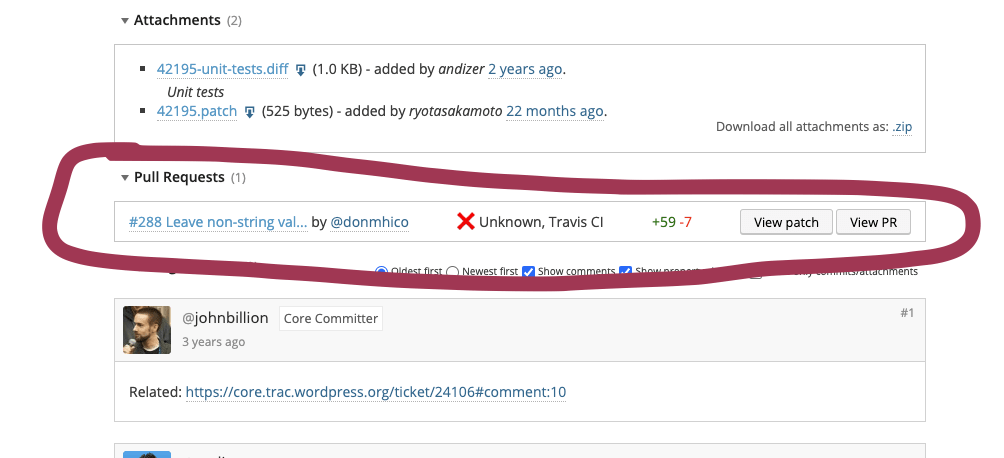 This is a screenshot of the author's Pull Request (PR) within the Trac ticket.