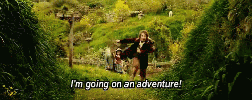 A GIF of Bilbo Bagins running and saying, "I'm going on a an adventure!"