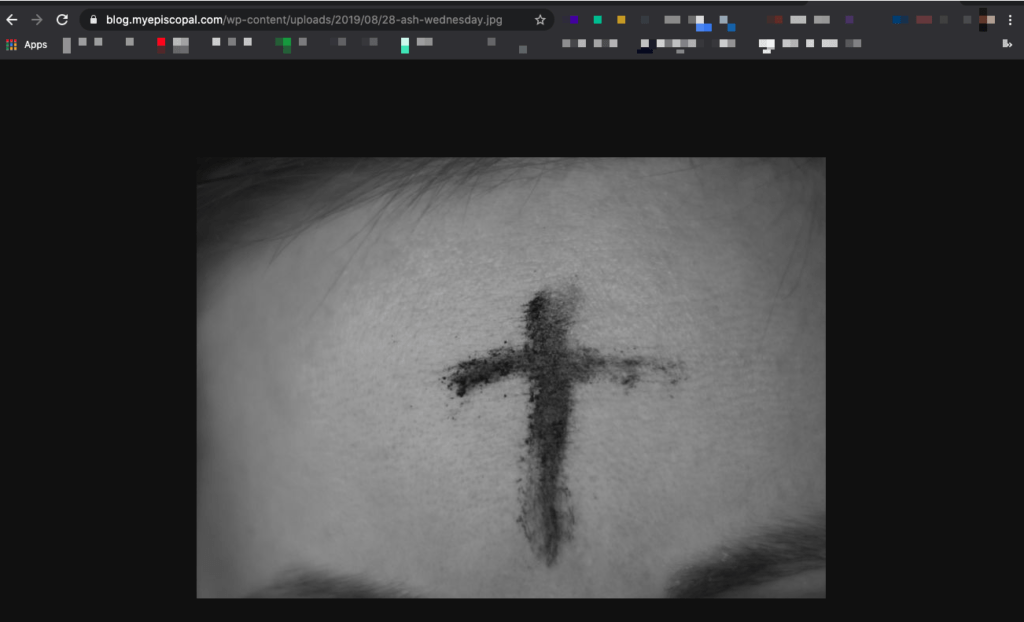 This is a screenshot of the image that the PAW Client Image fetched. It is an black and white photographic image of a person's forehead with an ash cross on it.
