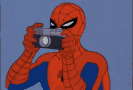 This is a screenshot of animated Spiderman taking a photo and saying, "Neat!"