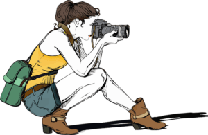 This image is an illustration of a woman holding a camera up to her face as she is squatting down to photograph something.