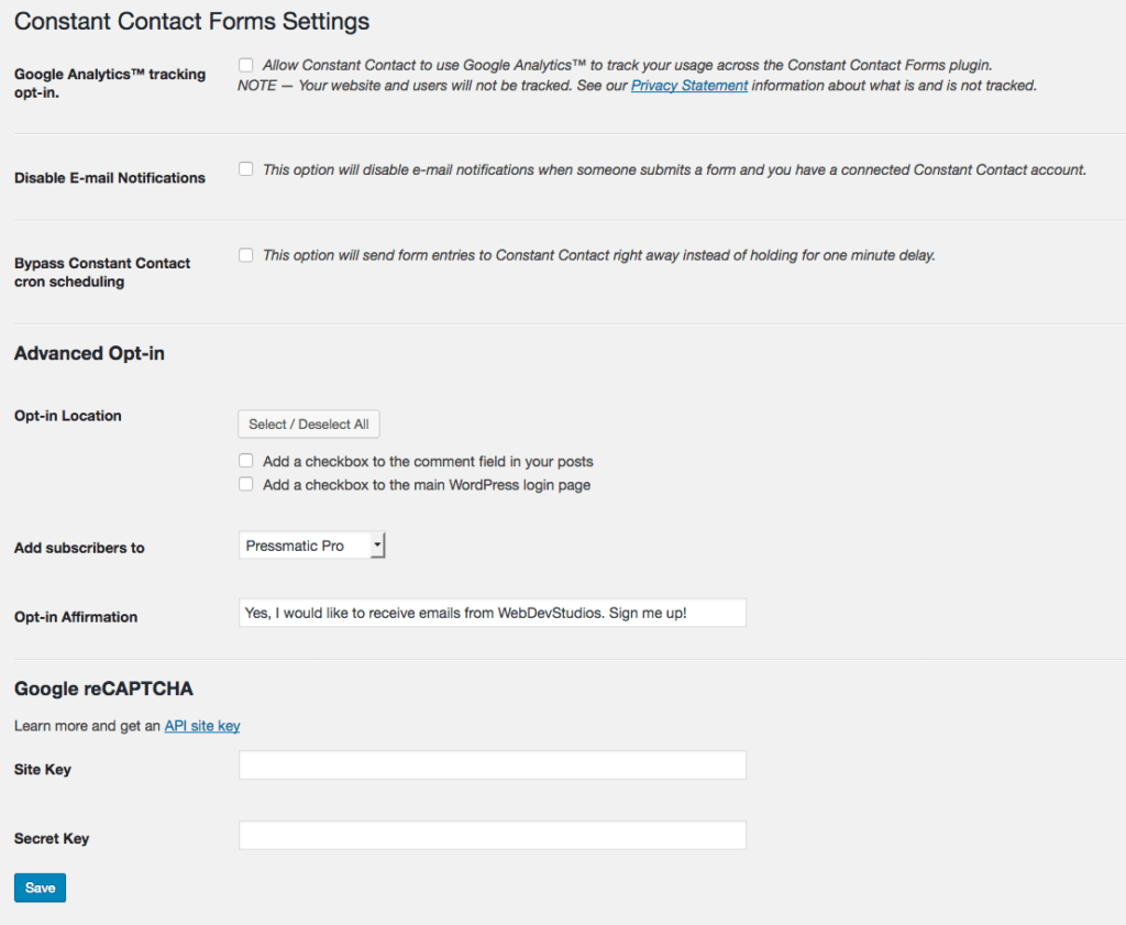 This is a screenshot of Constant Contact Form Settings, including Google Analytics tracking, disabling email notifications, bypassing Constant Contact cron scheduling, and advanced opt-in settings, such as opting in for locations, adding subscribers, opting in affirmation, and enabling Google reCAPTCHA.