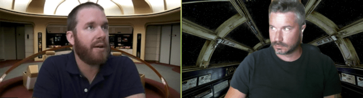 This image is two screenshots side by side. On the left is a screenshot of Greg Rickaby, WebDevStudios Director of Engineering, on a Zoom call using the Star Trek Enterprise background with Tom McFarlin on the right on the same Zoom call using a Star Wars Millennium Falcon background.