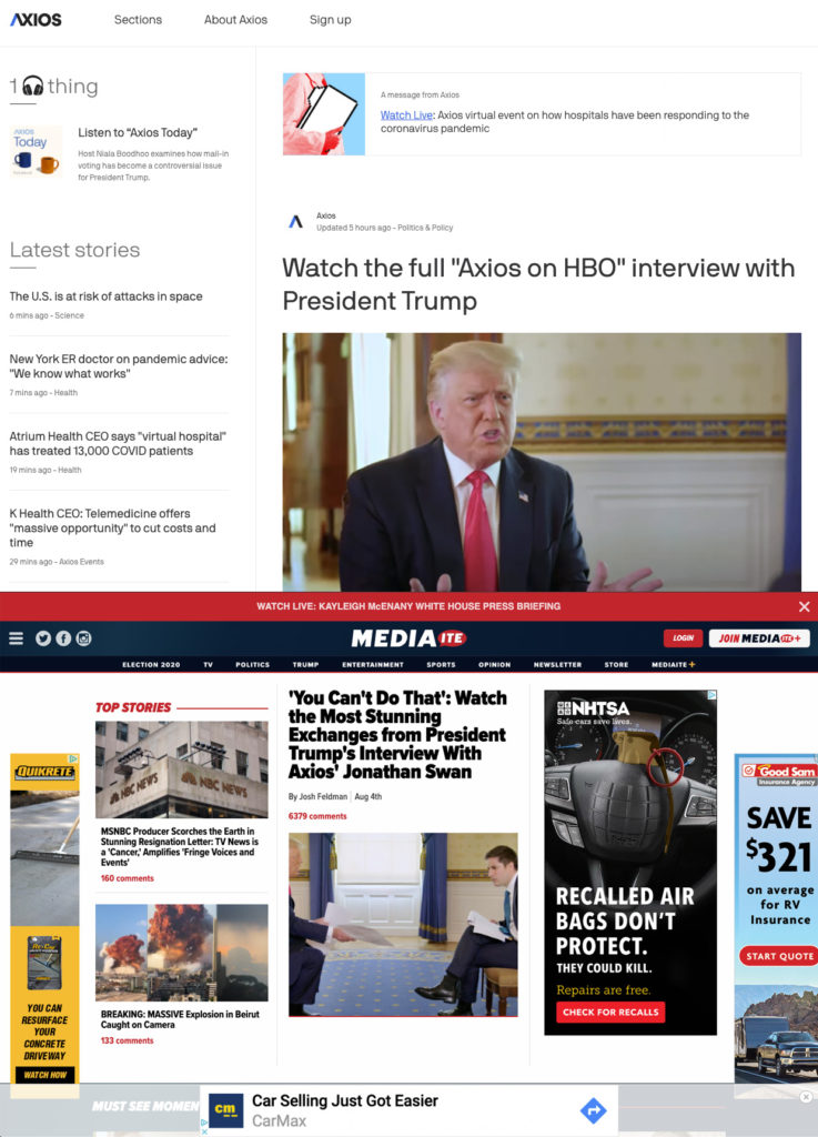 This is a screenshot taken from the Axios and Mediate home pages, displaying latest stories and news media photos. Both pages look pretty similar in content and layout. But the Mediate home page is cluttered with advertisements that intrude upon the user experience. The Axios home page has small, subtle advertising that is barely noticeable and does not compete with the featured news content. 