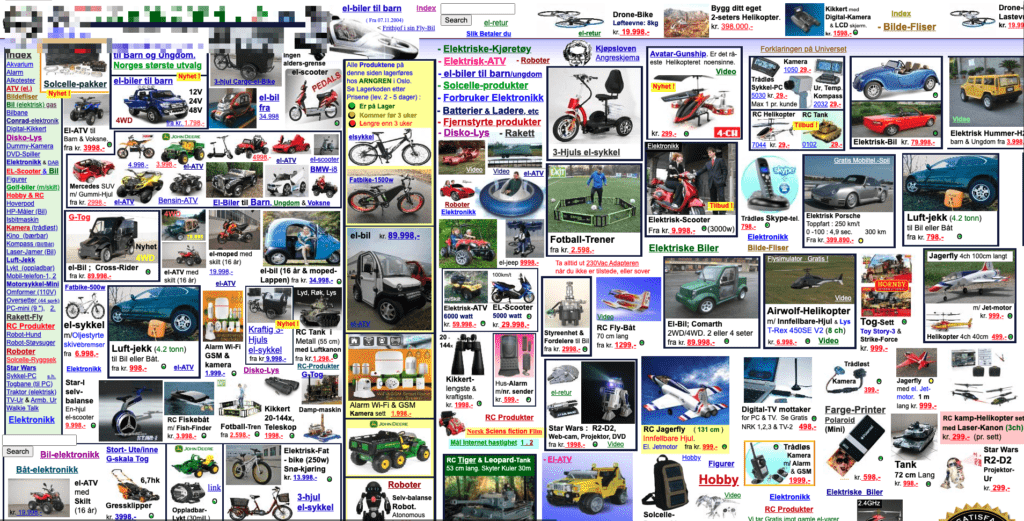 This is a screen grab taken from an anonymous website, which looks to be an eCommerce site, but the visual design is so cluttered with nearly 50 thumbnail images of various types of products, none of which are lined up properly in columns nor rows. It's a scattered mess that is difficult to understand.