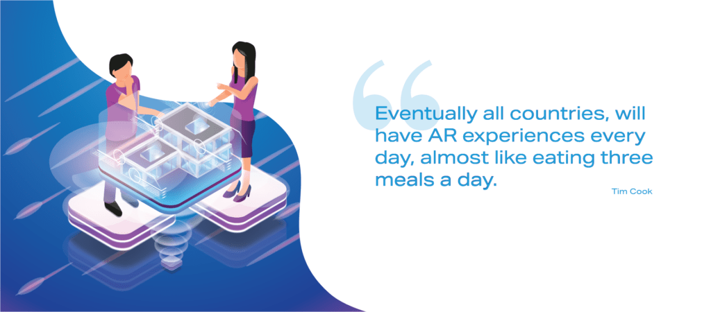 This is a vector image of two people on the left looking at an AR model of a home while on the right is a white background with a quote from Tim Cook that says, "Eventually all countries will have AR experiences every day, almost like eating three meals a day."