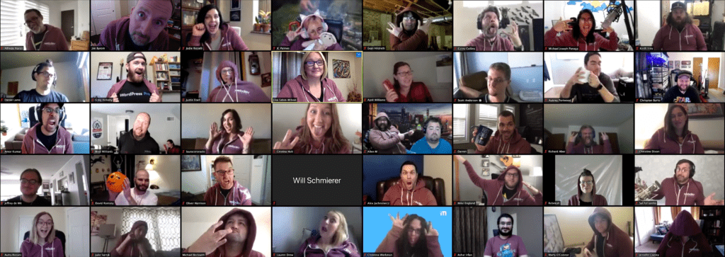 This is a screenshot taken from WDS Camp. It's from a Zoom meeting after WebDevStudios Co-Founders, Brad Williams and Lisa Sabin-Wilson, gave their state of WDS presentation. The screenshot is comprised of 40 small windows, each containing a team member from WebDevStudios making silly faces or gestures, as they wear their WDS hoodies.