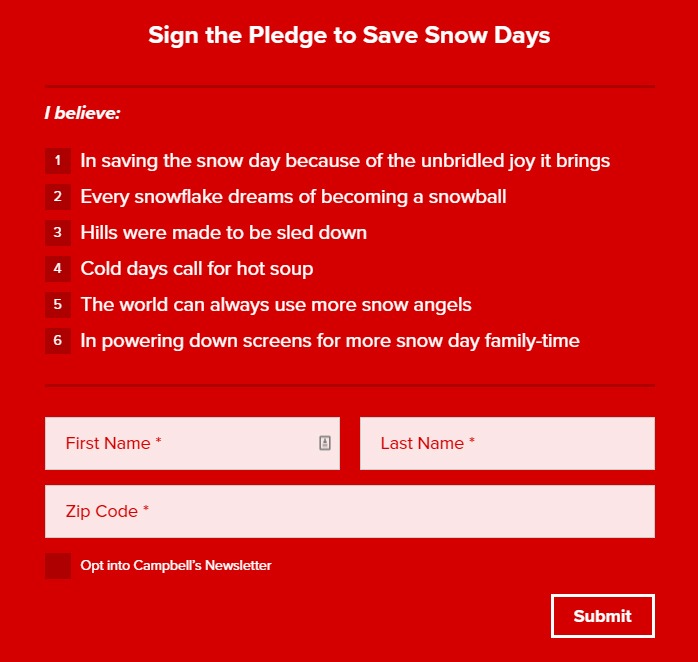 A screenshot from the SaveTheSnowDay.com website, which shows the pledge sign up form.