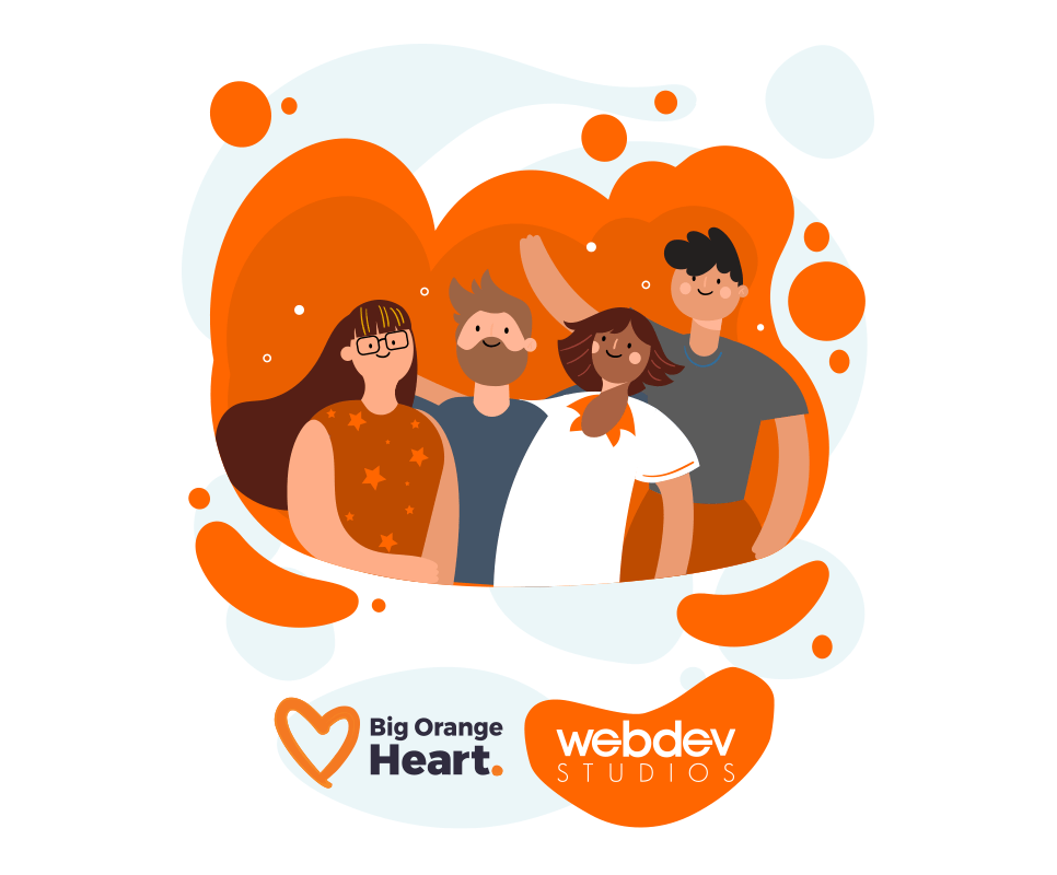 This is a vector image of a diverse group of people used at the Big Orange Heart website for use as the logo for the charity challenge for Team Big O at WebDevStudios. This image includes the Big Orange Heart logo and WebDevStudios logo.
