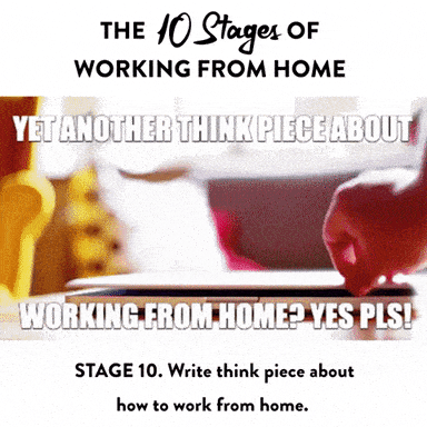 This is a GIF image of two women looking surprised and excited as a laptop opens. The words on the GIF are: the ten stages of working from home, yet another thing piece about working from home? Yes, please! Stage ten: write a think piece about how to work from home.