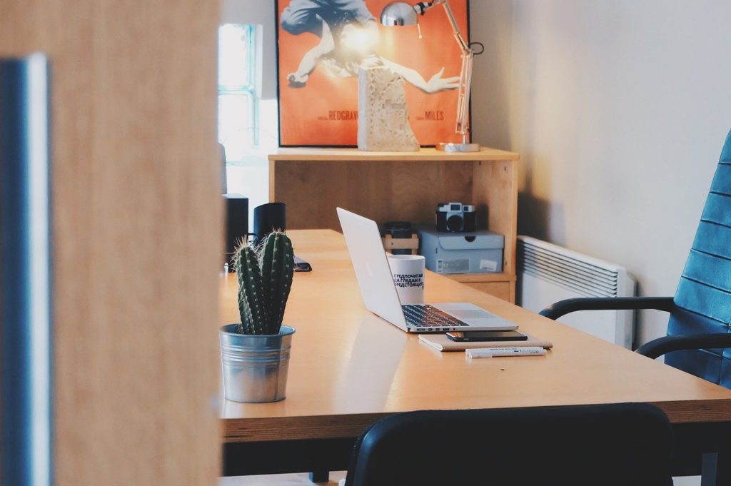 This is a photograph from a side angle of a desk with an open laptop and a small cactus plant.