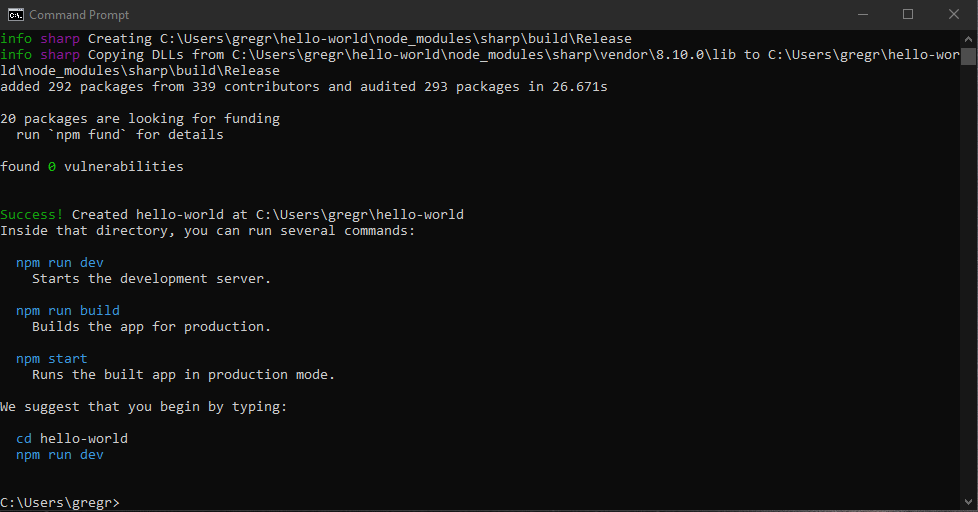 This is a screen grab of the Command Prompt window when NPX is finished with the install.