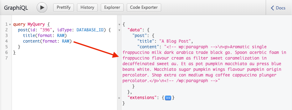 This is a screenshot of a string of HTML in GraphQL that looks like a blob of code.