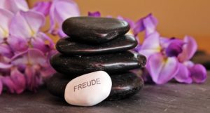 This is a still photograph of purple flowers, a stack of black river rocks, and a white rock up front that says, "Freude," which is German for joy.