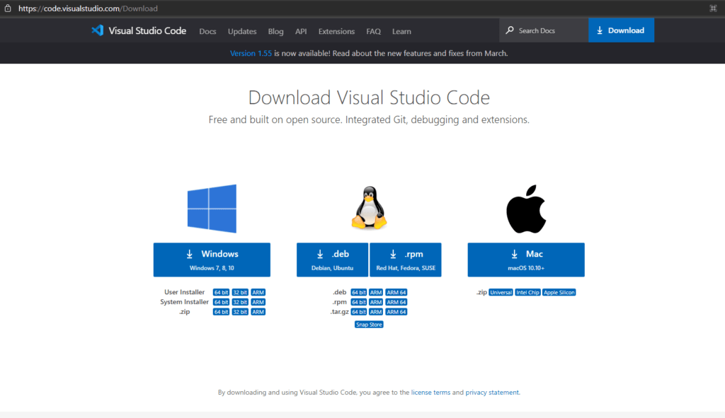 This is a screenshot of the VS Code download page. 