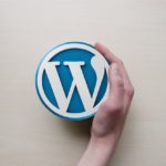 This is a photo of the WordPress logo with a hand wrapping along the side of it.