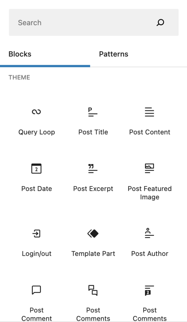 This is a screenshot showing available blocks: query loop, post title, post content, post date, post excerpt, post featured image, login/out, template part, post author, post comment, post comments.