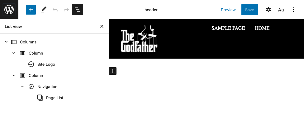 This is a screenshot of the structure of the blocks used to create the header template part. The header has the the logo from the "The Godfather" movie and Sample Page and Home at the top.