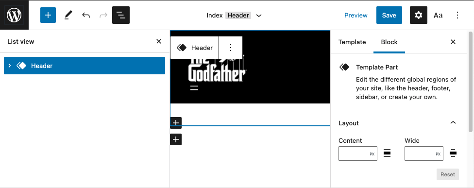 This is a screenshot showing the Header being selected within the template part block.