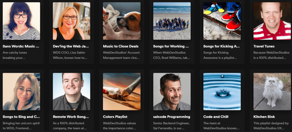 This is a screen shot image of WebDevStudios' Spotify Profile list of Playlists.
