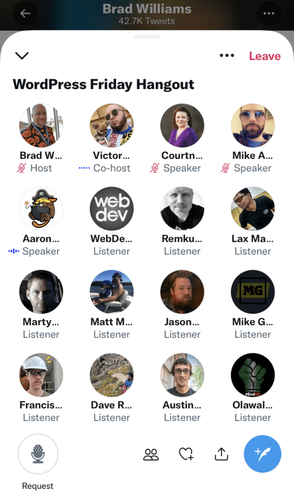 This is a screen shot image of the WordPress Twitter Spaces event via mobile. It shows the Twitter avatars of the users who attend.