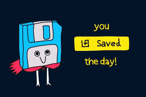 This is an animated GIF image of a blue computer disk wearing a red cape jumping up and down with the words, "You saved the day!" flashing beside it.