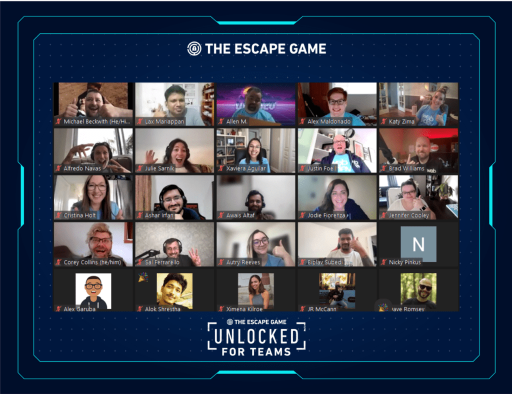 This is a screen grab of a grid of the participants' faces from the murder mystery game that took place during WebDevStudios' Culture Day. Words on this screen grab say, "The Escape Game," and "Unlocked for Teams."
