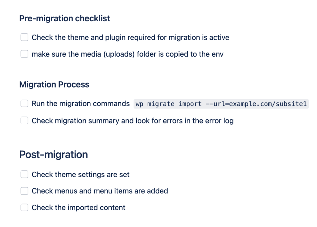 This is a screen shot from the Migration Runbook from WP Migrate.