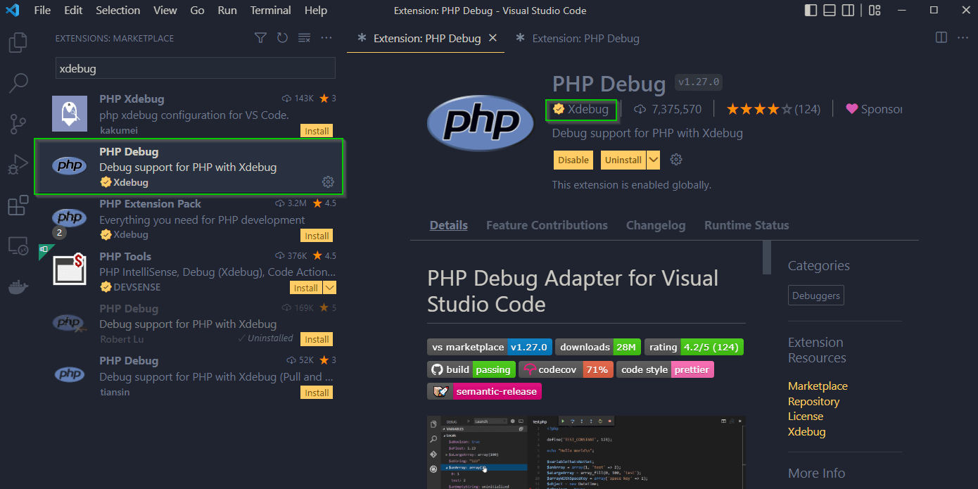 PHP debug extension for VS Code