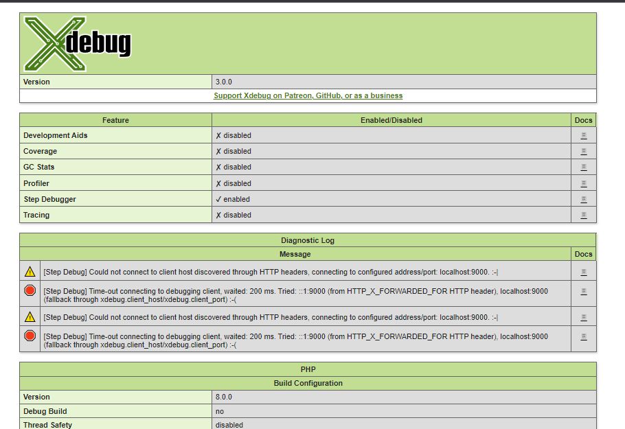xdebug_info output - debugger not listening