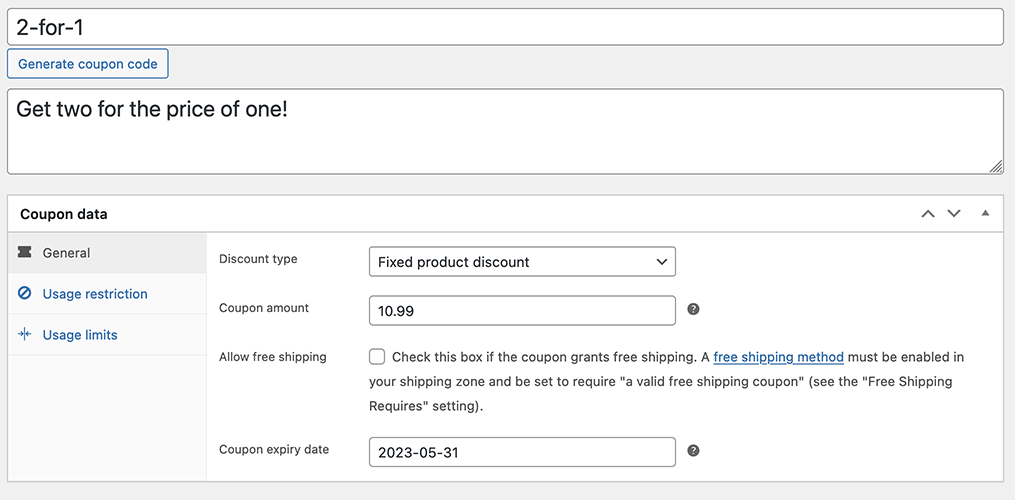 This is a screenshot showing how to generate a coupon code on WooCommerce. The example shown is a two for one code with the copy, "Get two for the price of one!" I also shows form fields for discount type, coupon amount, shipping, and expiry date.