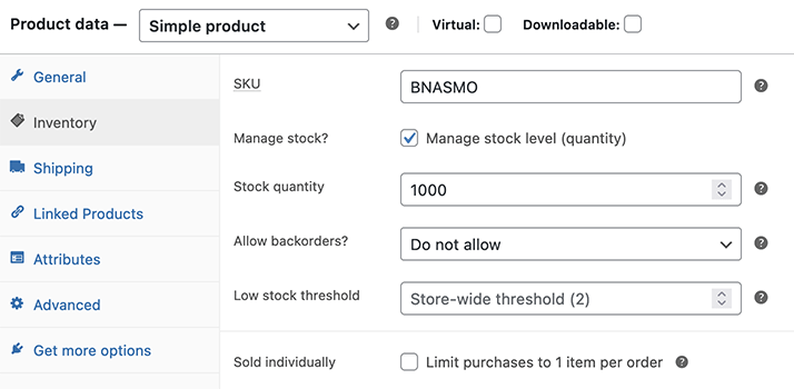This is a screenshot from WooCommerce that shows product data an inventory with example form fields: SKU, manage stock, stock quantity, backorders, low stock threshold, and sold individually.